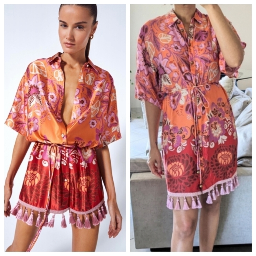 NEW ALEXIS Emotion Tunic Tassel Pink Orange Midi Shirt Dress Size Small
